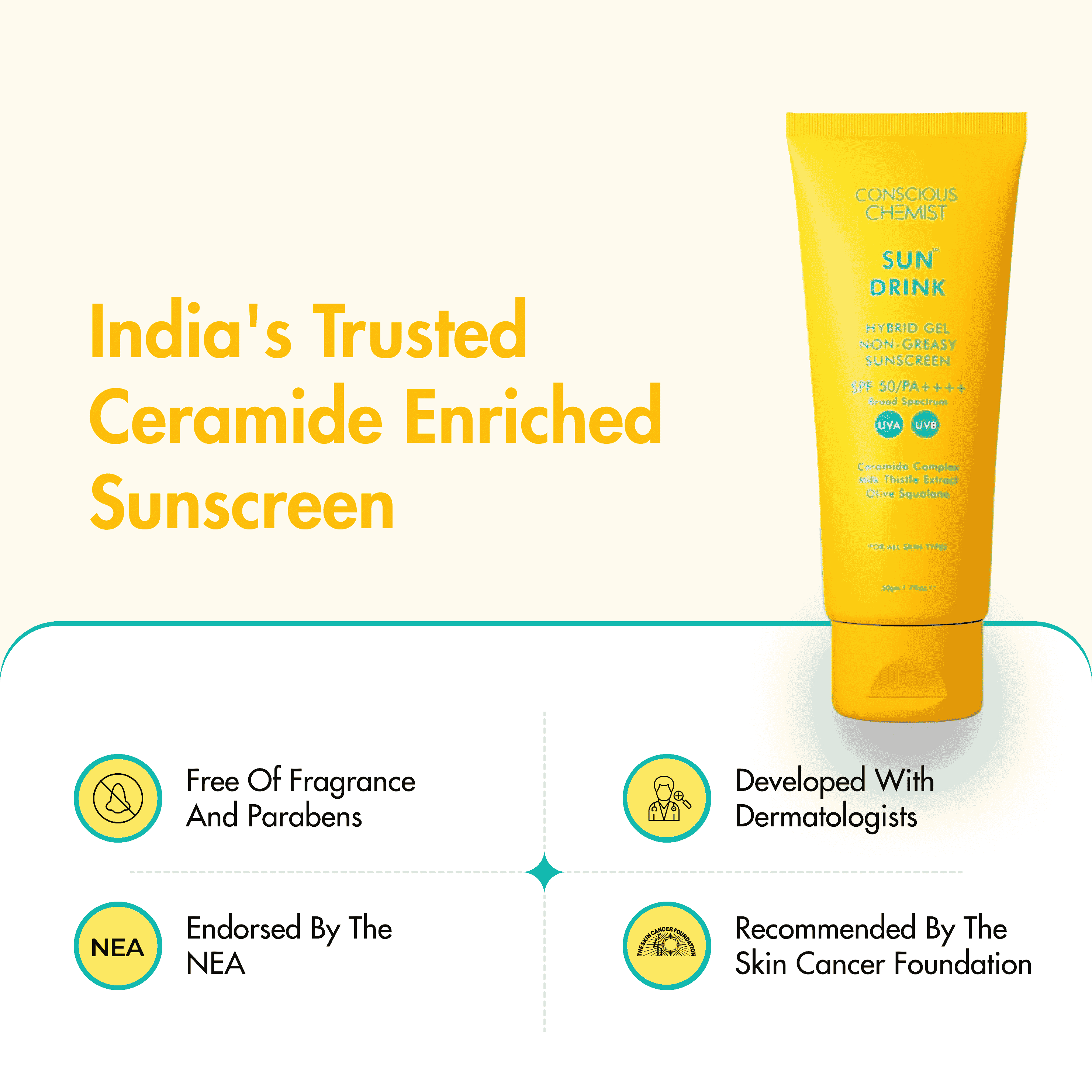 Ceramide Sunscreen | SPF50 PA++++ | Dewy, Lightweight, & Oil-Free | 50 gm